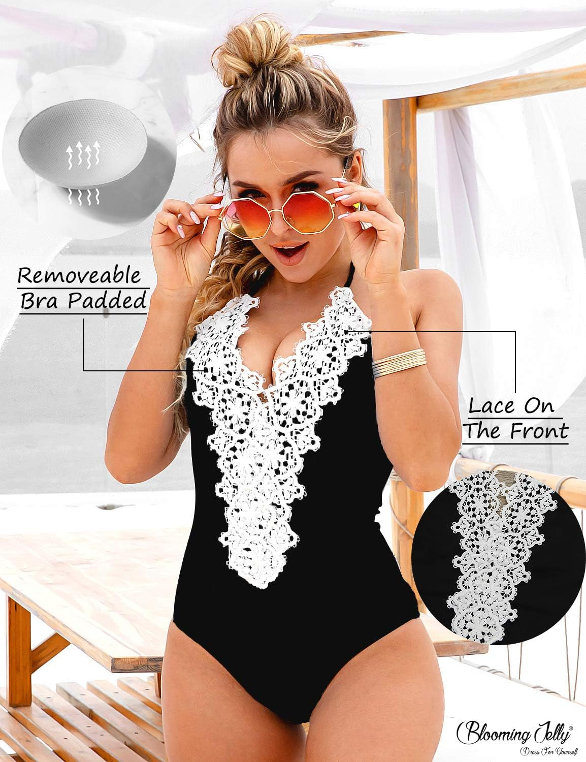 Women'S Vintage One Piece Swimsuit Lace Tummy Control Halter Swimwear Bathing Suit