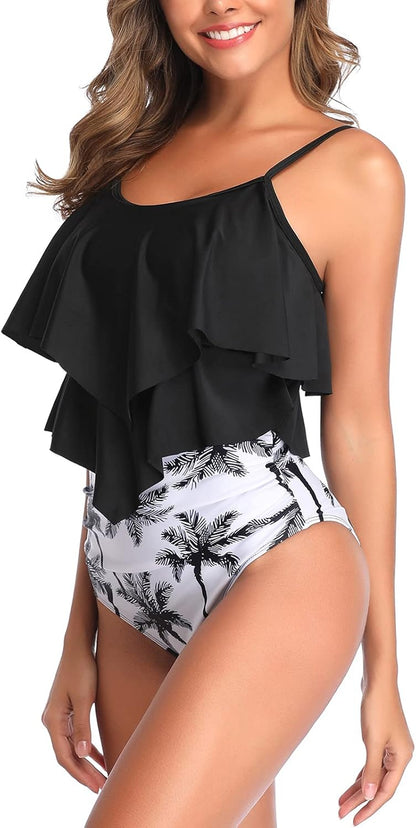 High Waisted Bathing Suits for Women Tummy Control Swimwear Tankini Bikini Ruffled Top Two Piece Swimsuits