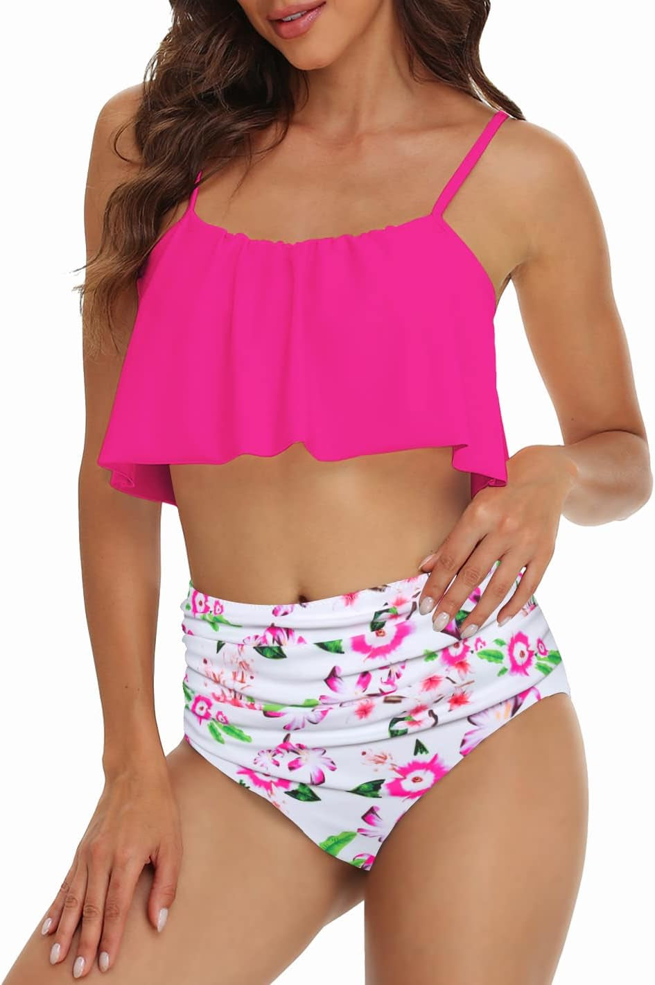 Womens Tankini Swimsuits Ruffle Flounce Top with High Waist Bikini Bottom Tummy Control Two Piece Bathing Suits