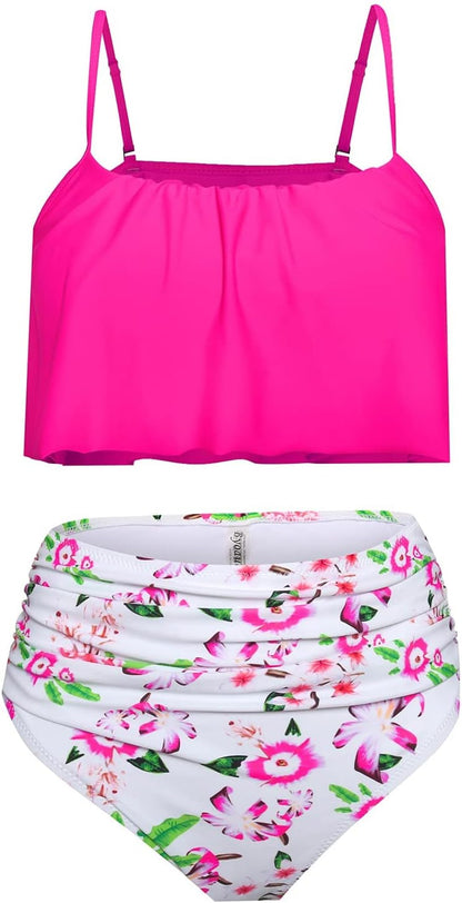 Womens Tankini Swimsuits Ruffle Flounce Top with High Waist Bikini Bottom Tummy Control Two Piece Bathing Suits